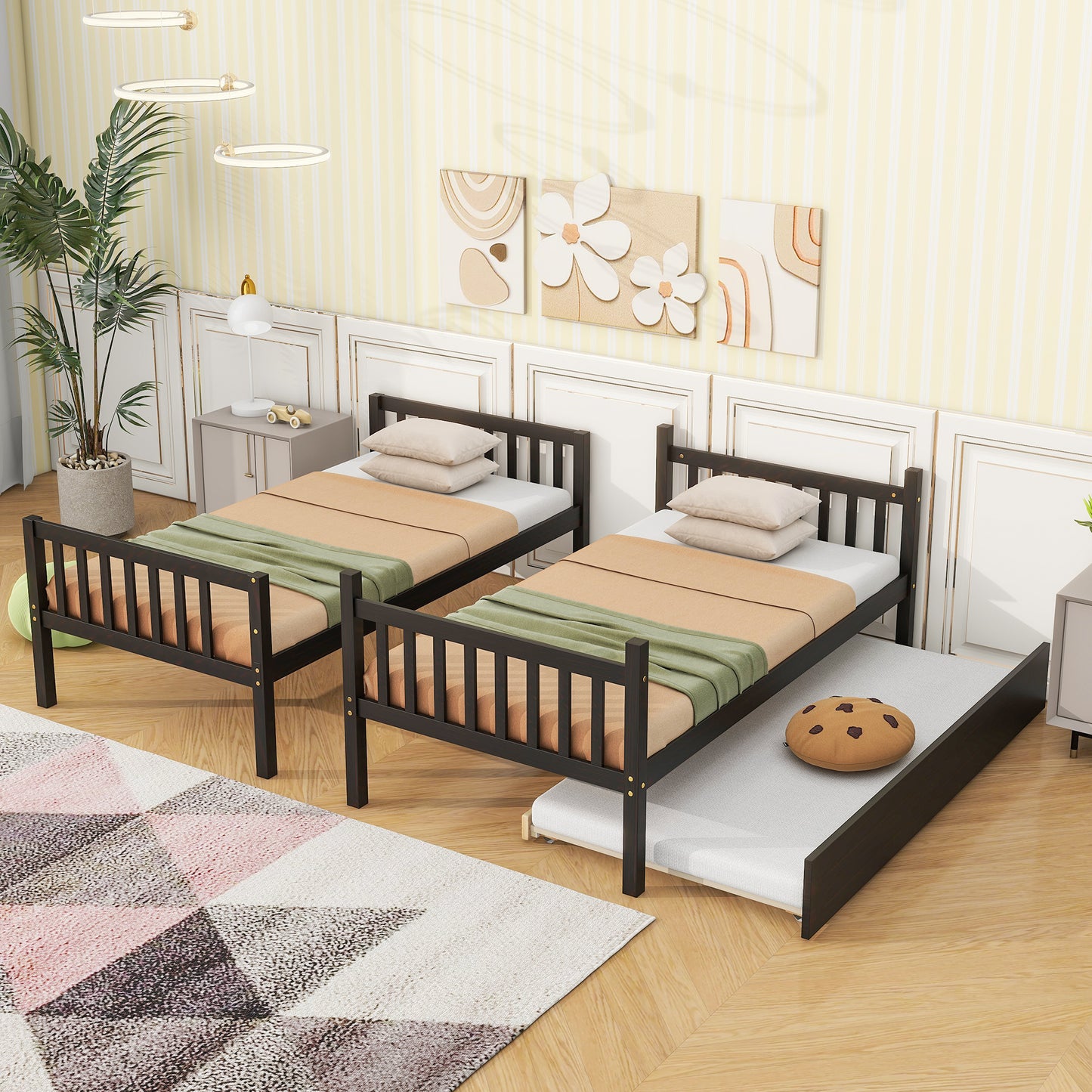 Dark brown twin size wood bed frame with pullout trundle
