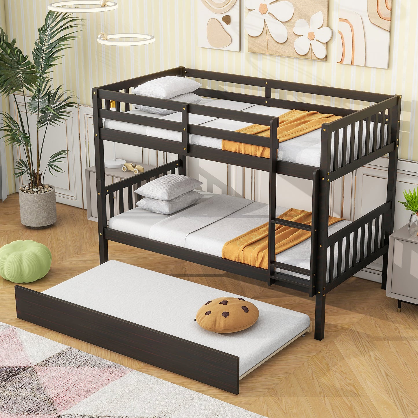 Dark brown wooden bunk bed with pullout trundle