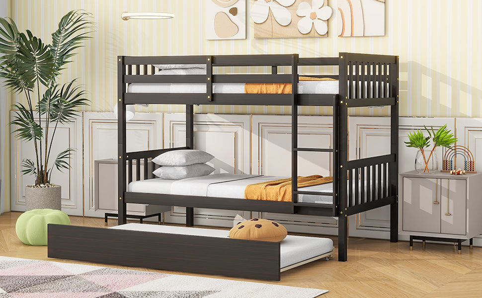 Dark brown wooden triple bunk bed with pullout trundle