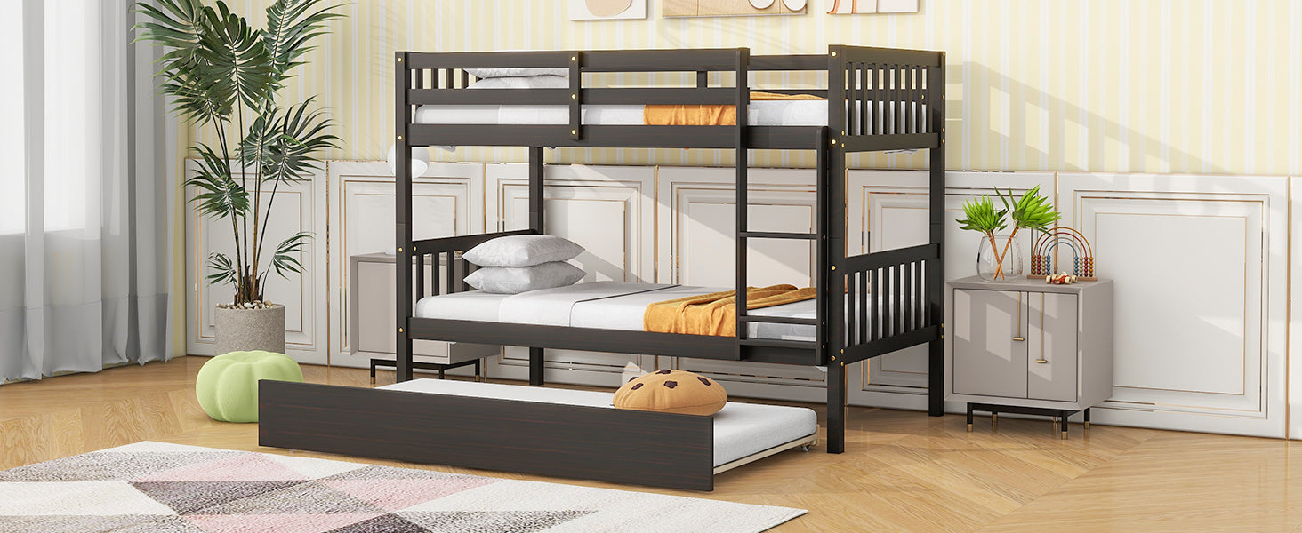 Dark wood triple bunk bed with pullout trundle