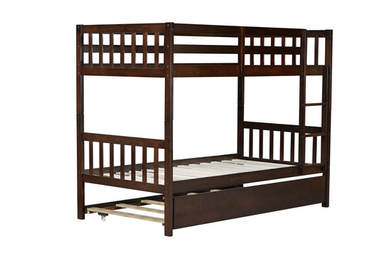 Dark brown wooden bunk bed with pullout trundle