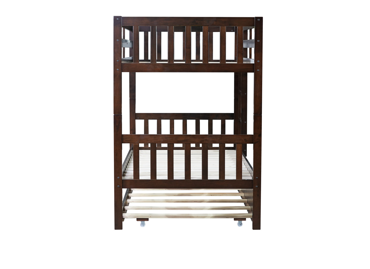 Dark brown wooden bunk bed with slatted base