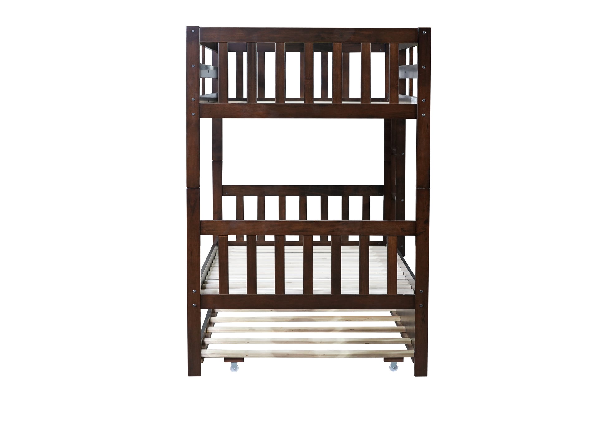 Dark brown wooden bunk bed with slatted base