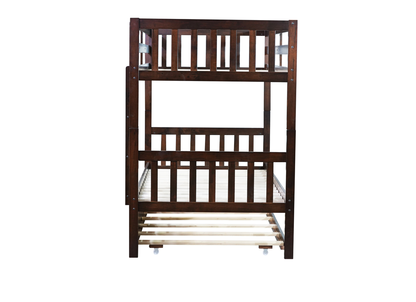 Dark brown wooden bunk bed with slatted sides and bottom