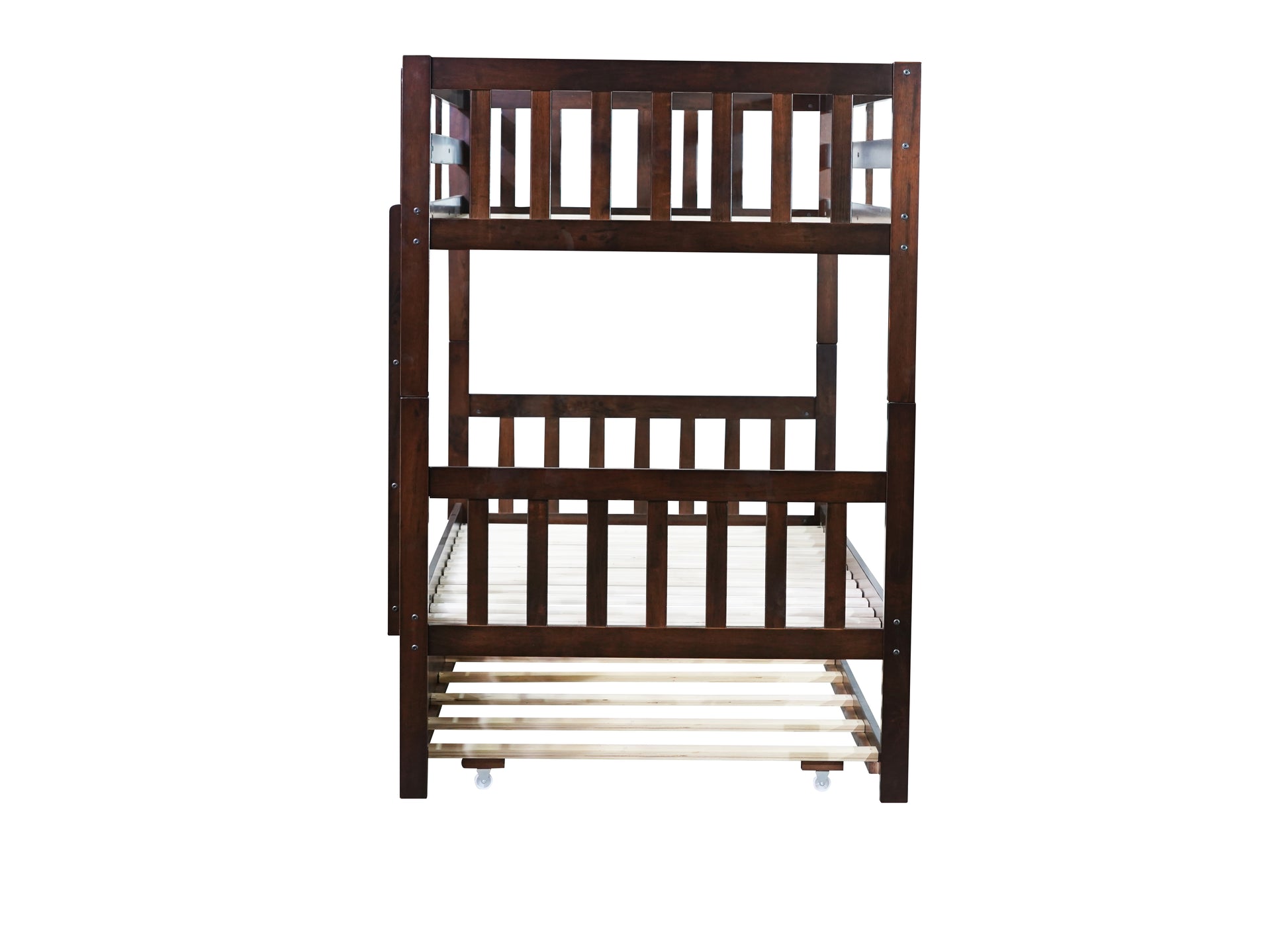 Dark brown wooden bunk bed with slatted sides and bottom