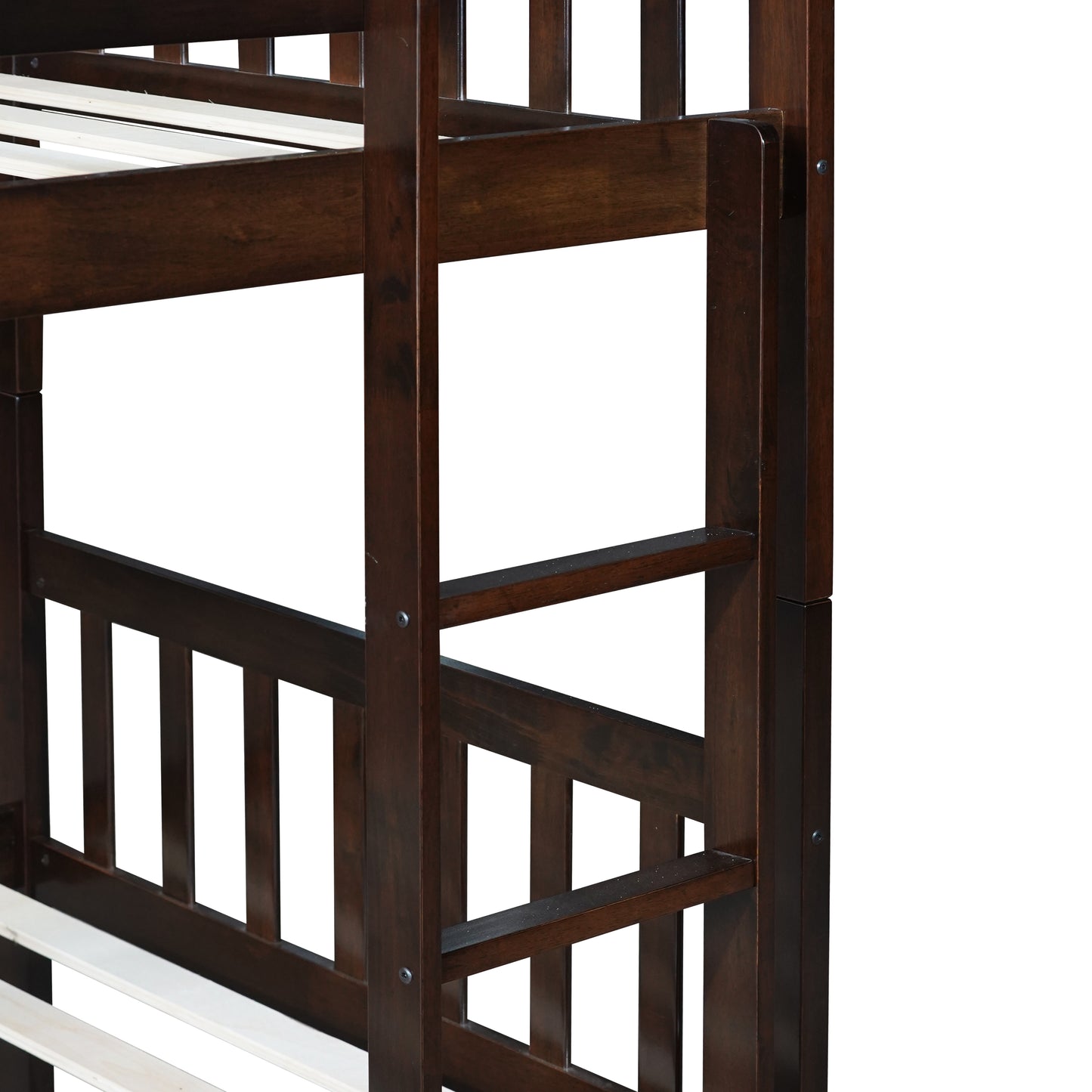 Dark brown wooden bunk bed frame detail with ladder rungs
