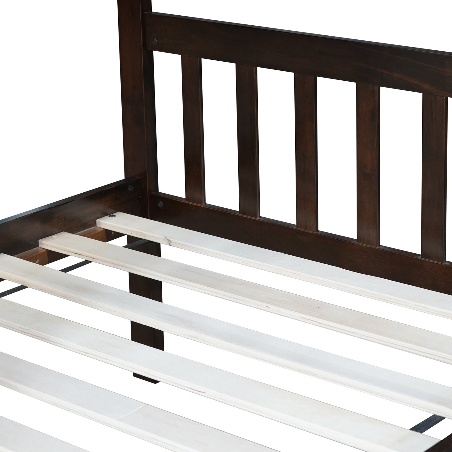 Dark wood crib bed frame with slatted mattress support