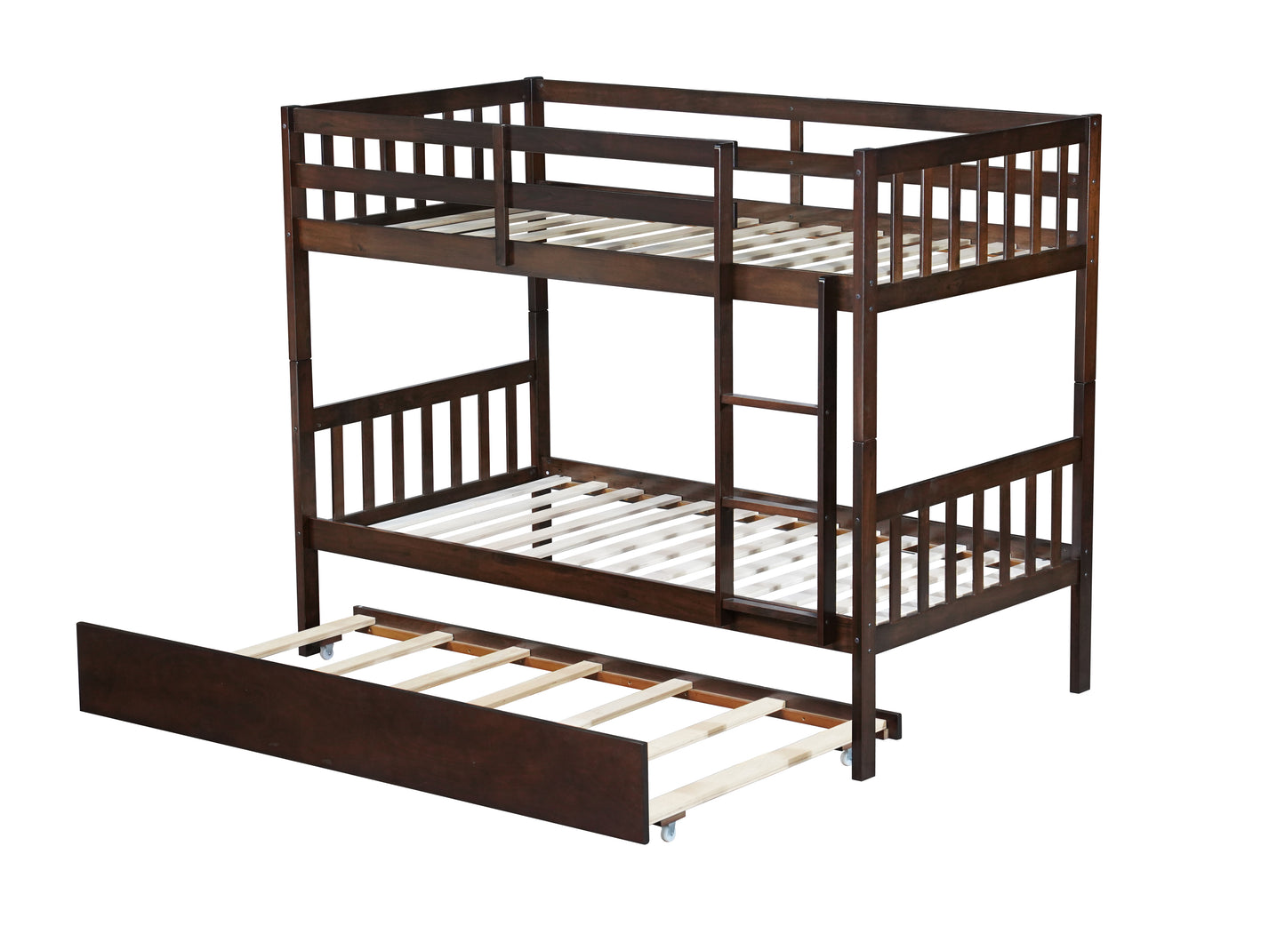 Dark brown wooden bunk bed with a pullout trundle bed for childrens rooms