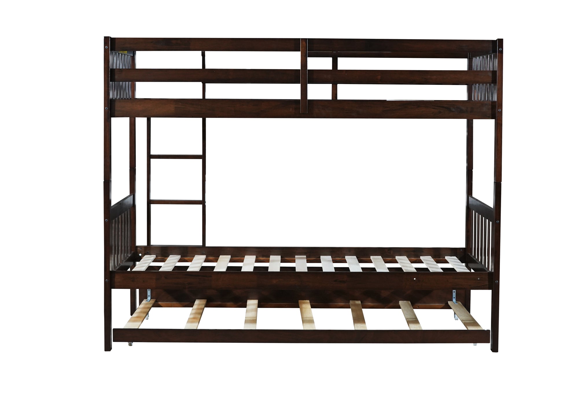 Dark brown wooden bunk bed with pullout trundle for kids