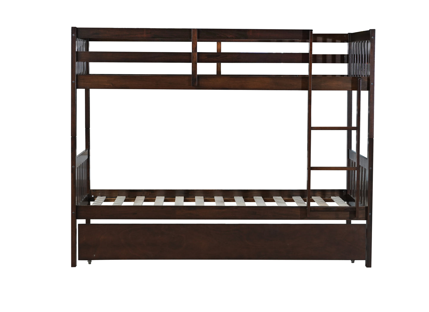 Dark wood triple bunk bed with ladder