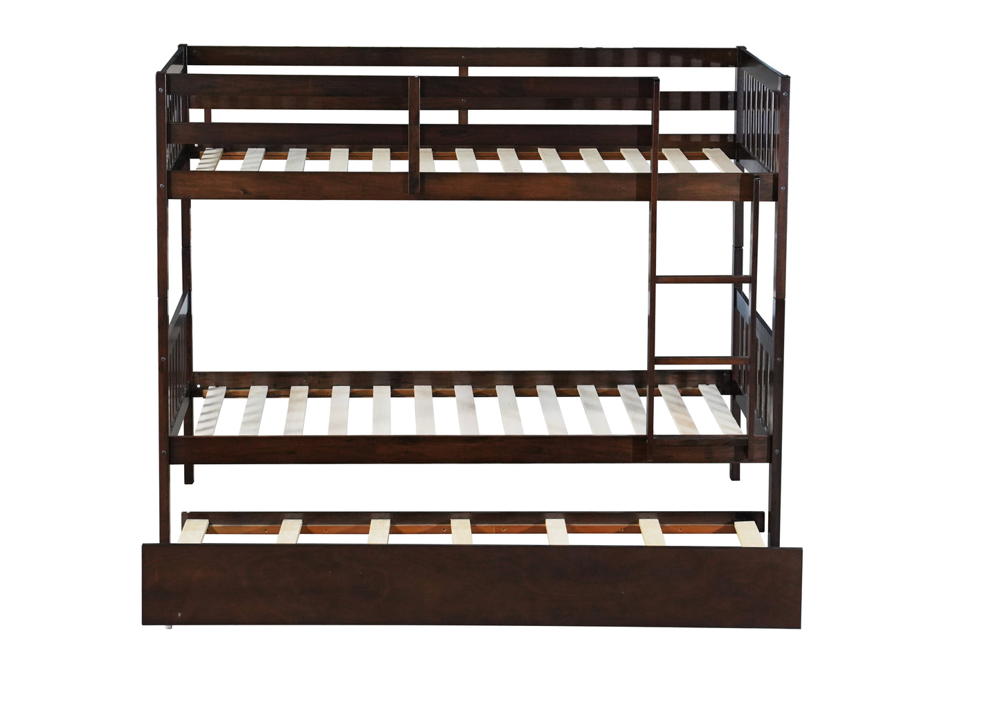 Dark brown wooden twin over twin bunk bed with pullout trundle