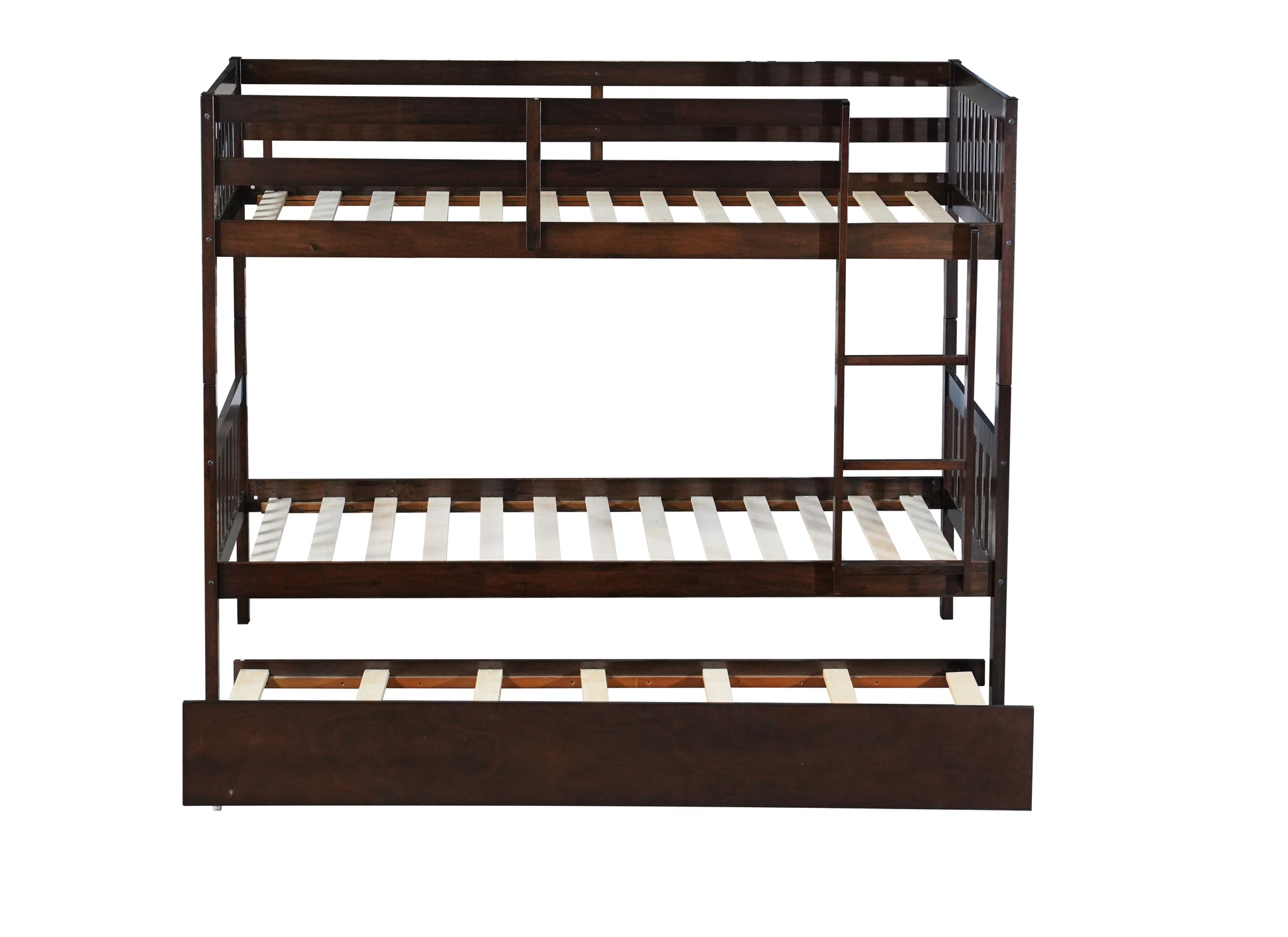 Dark brown wooden twin over twin bunk bed with pullout trundle