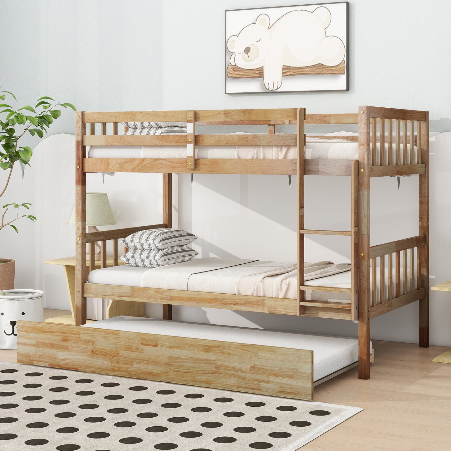 Natural wood triple bunk bed with pullout trundle