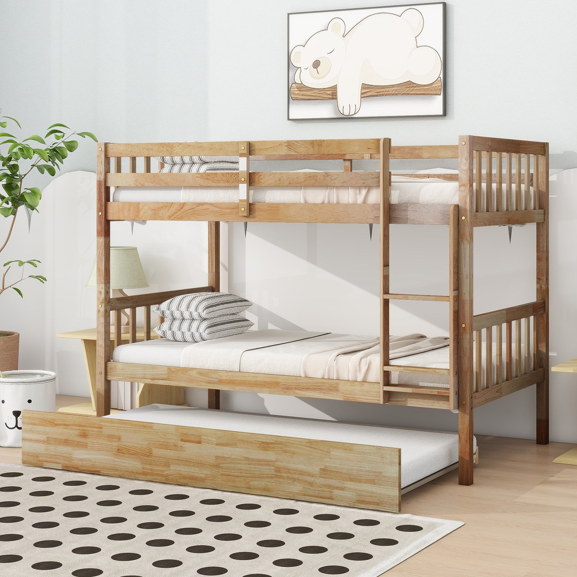 Natural wood triple bunk bed with pullout trundle