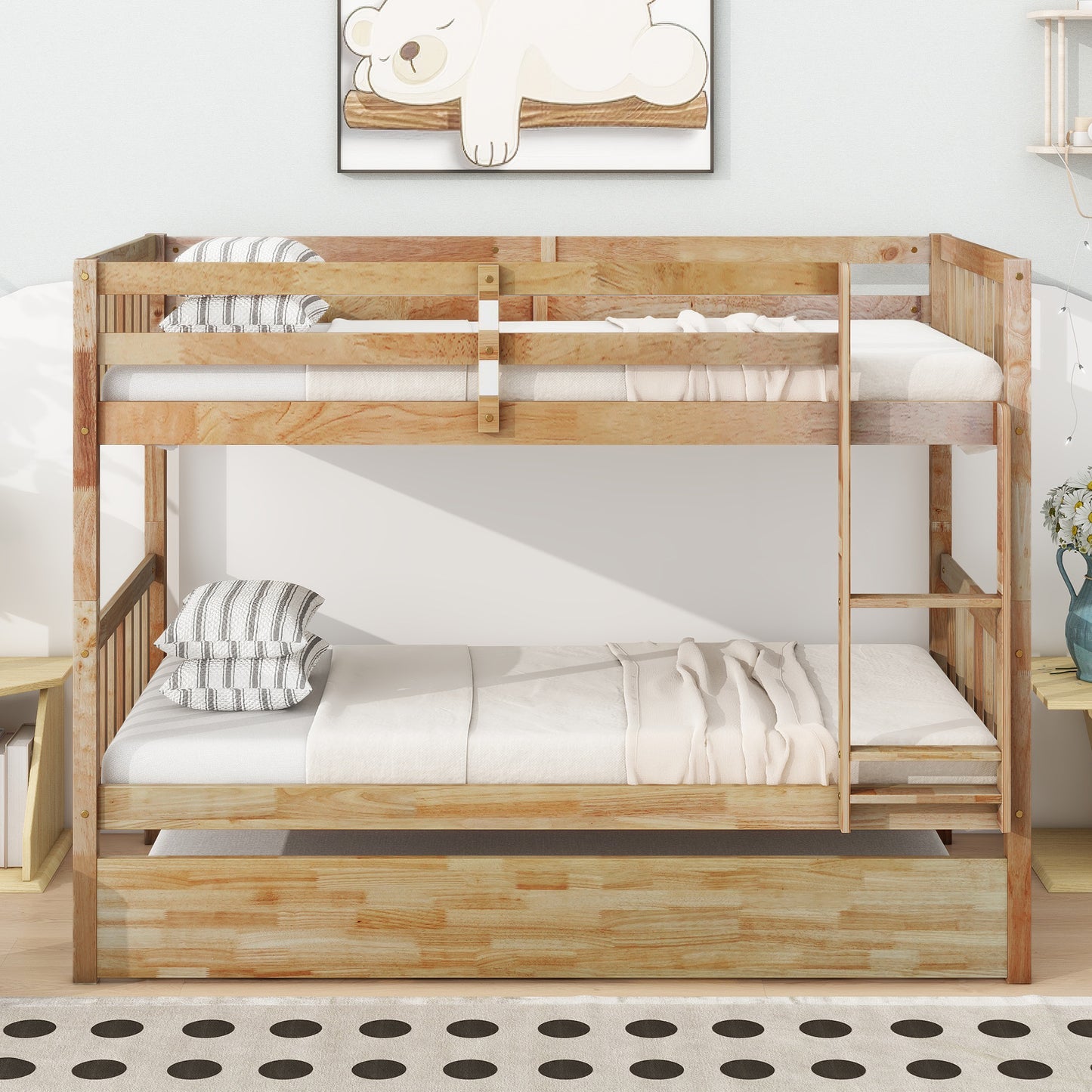 Natural wood bunk bed with pullout trundle for kids room