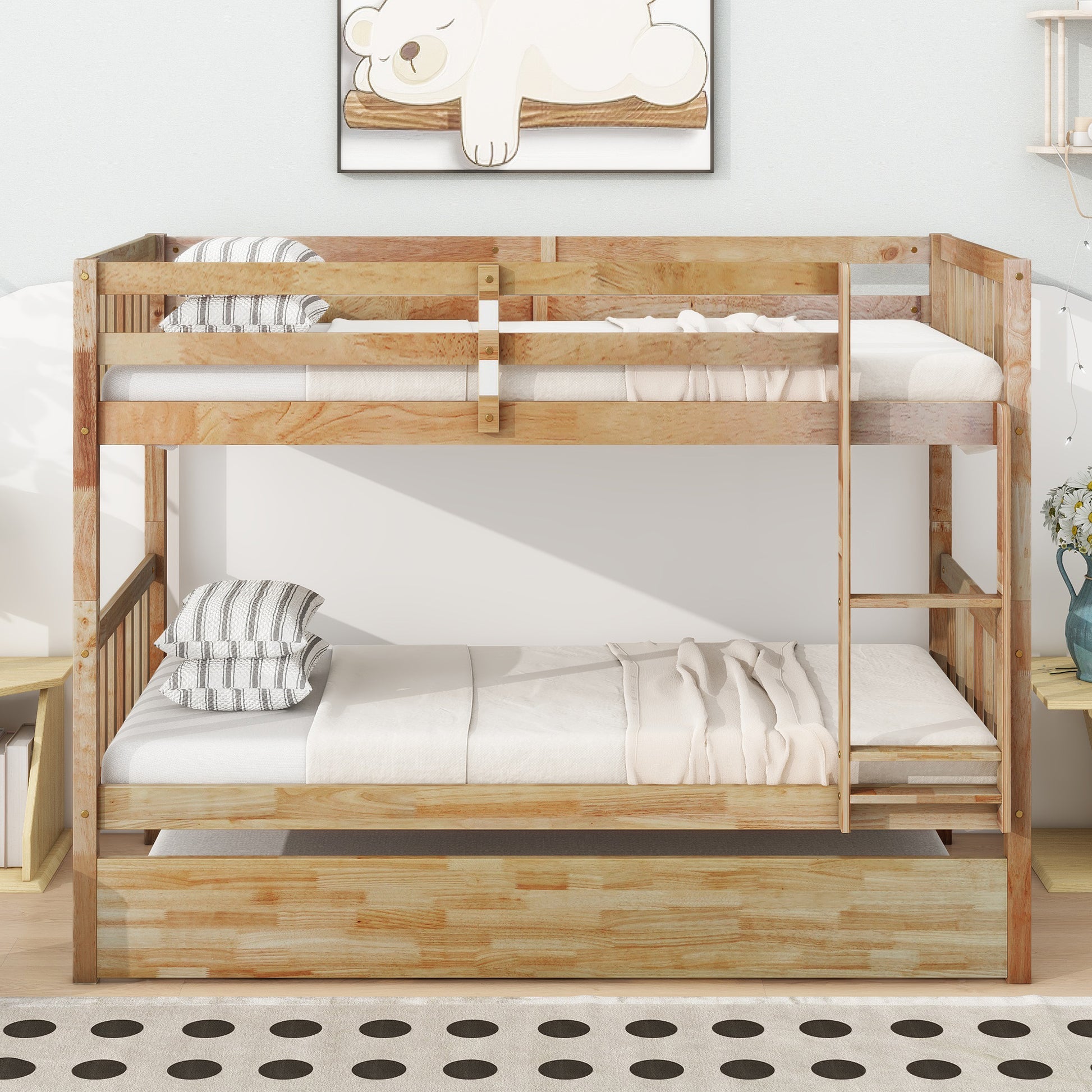 Natural wood bunk bed with pullout trundle for kids room