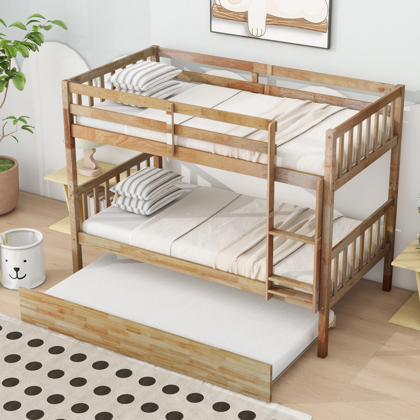 Natural wood twin over twin bunk bed with trundle