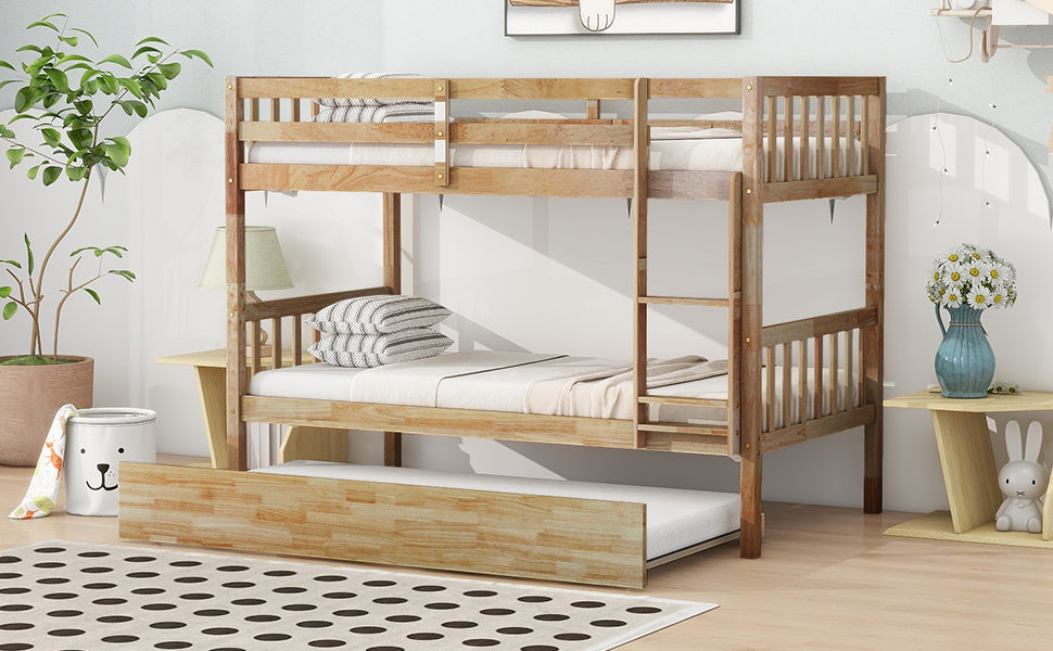 Natural wood twin over twin bunk bed with pullout trundle
