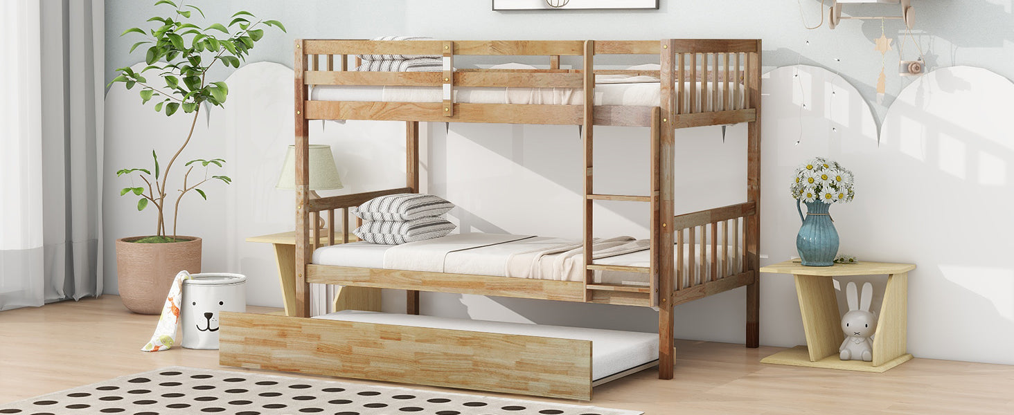 Natural pine wood triple bunk bed with pullout trundle