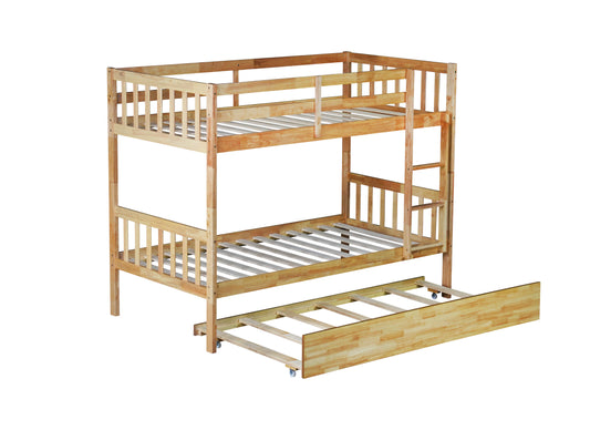 Natural wood twin over twin bunk bed with pullout trundle