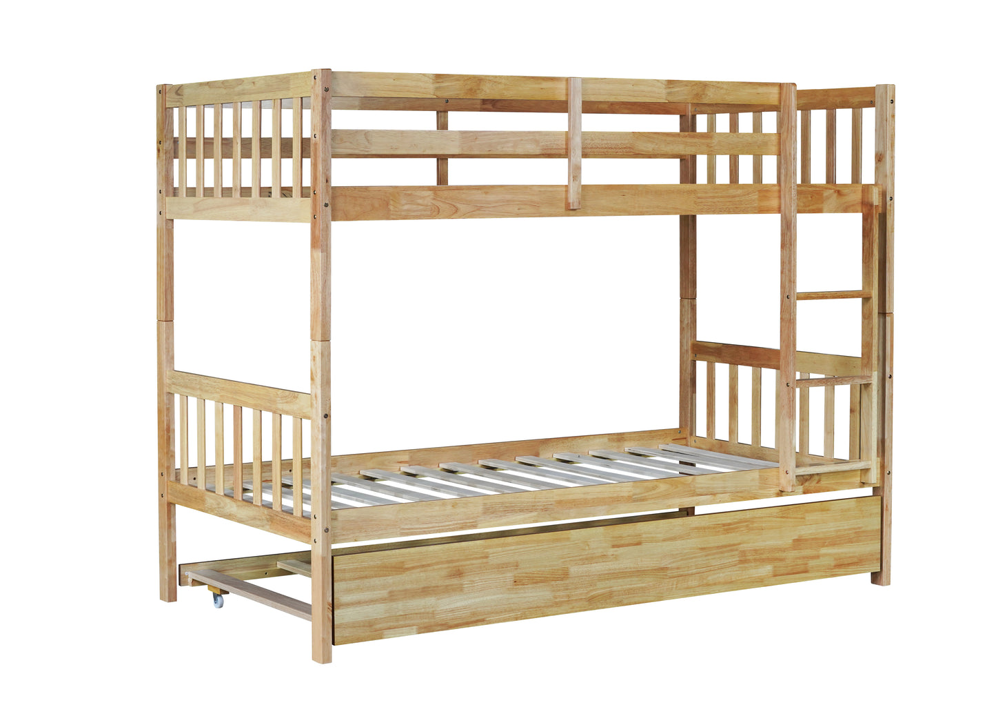 Natural wood twin over twin bunk bed with trundle drawer