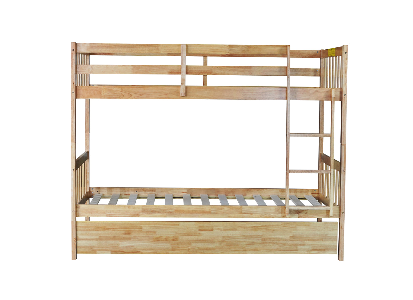 Natural wood twin over twin bunk bed with ladder and guardrails