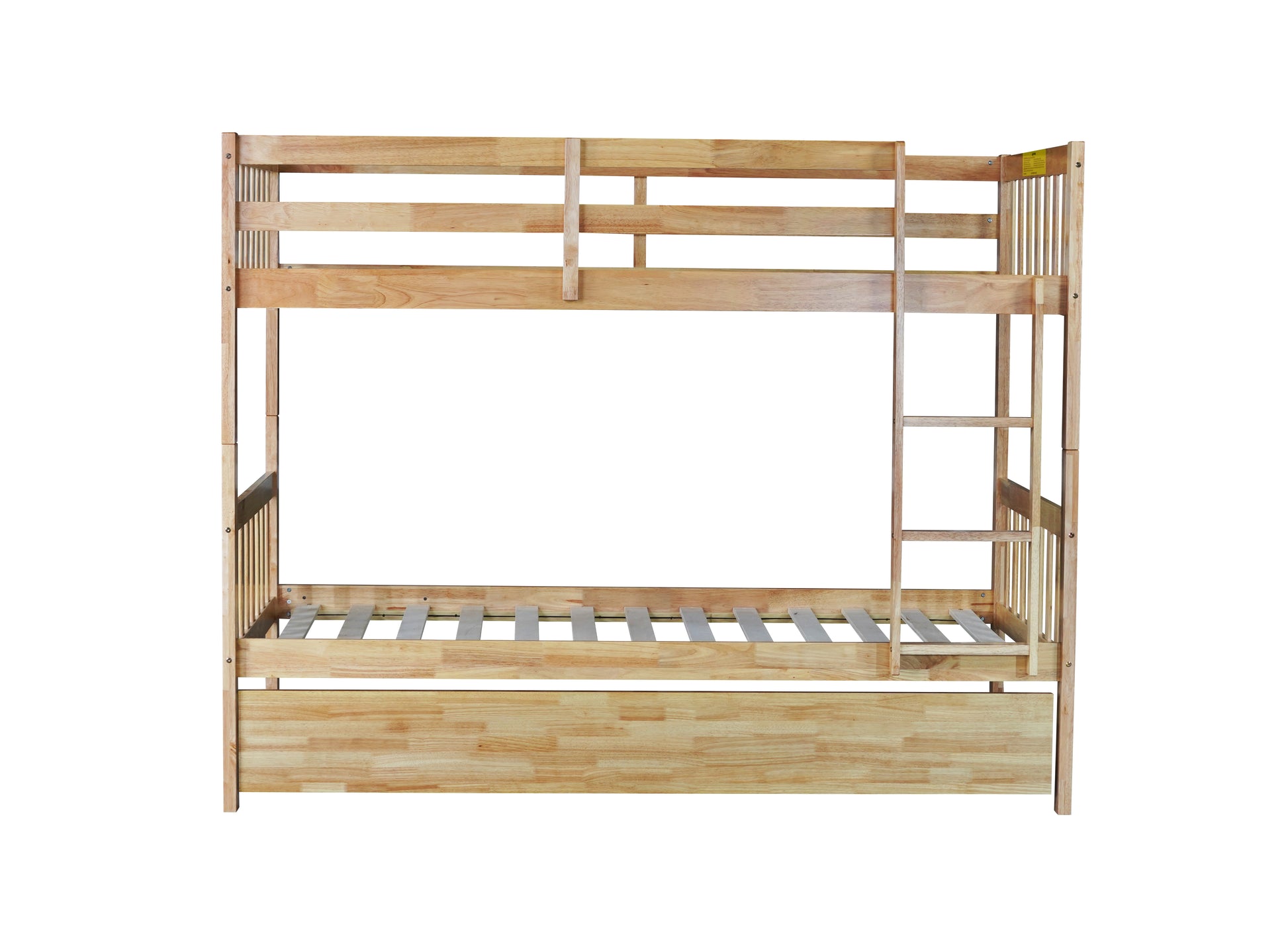 Natural wood twin over twin bunk bed with ladder and guardrails