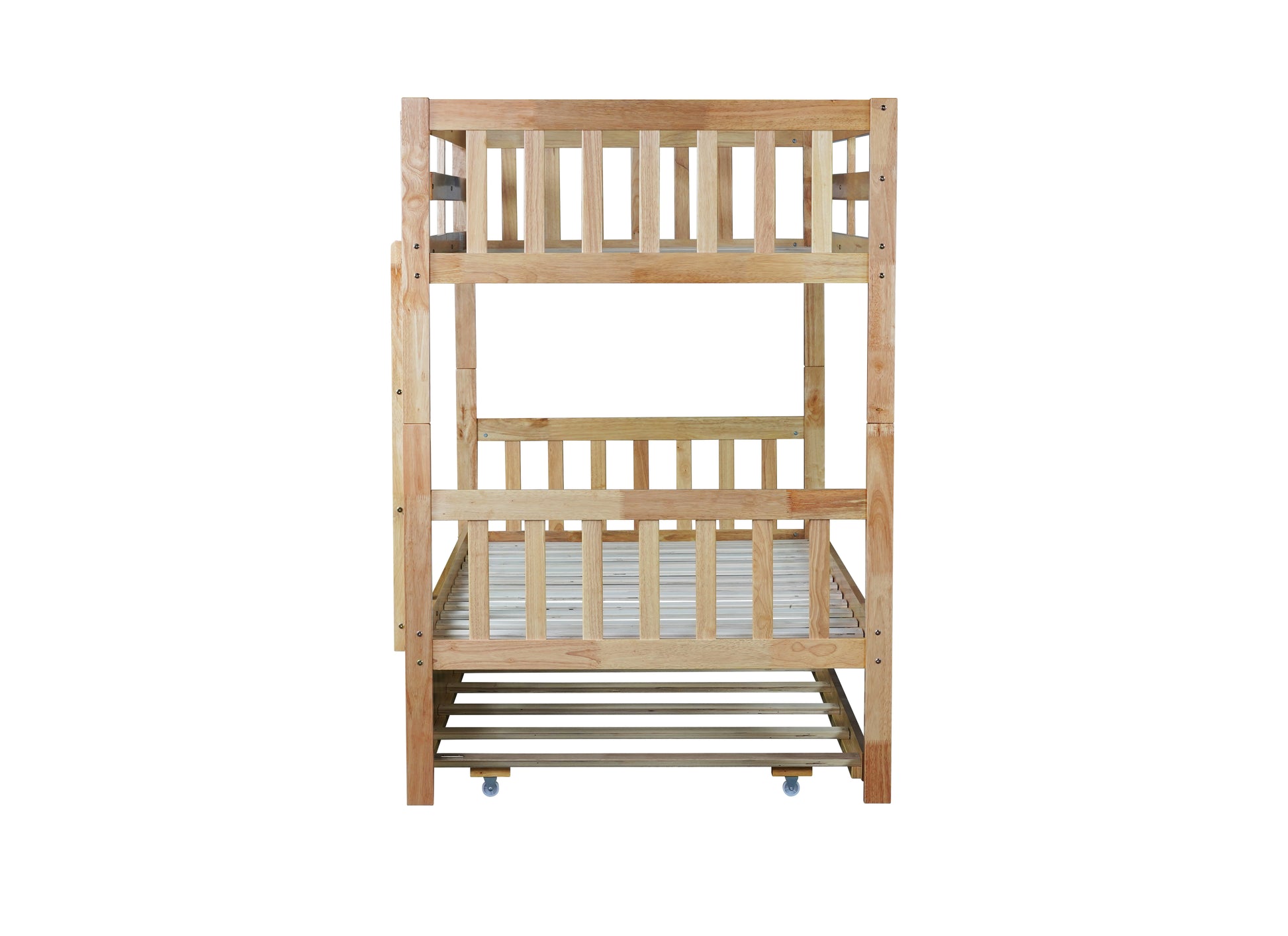 Natural wood twin over twin bunk bed with sturdy slatted frame and safety rails