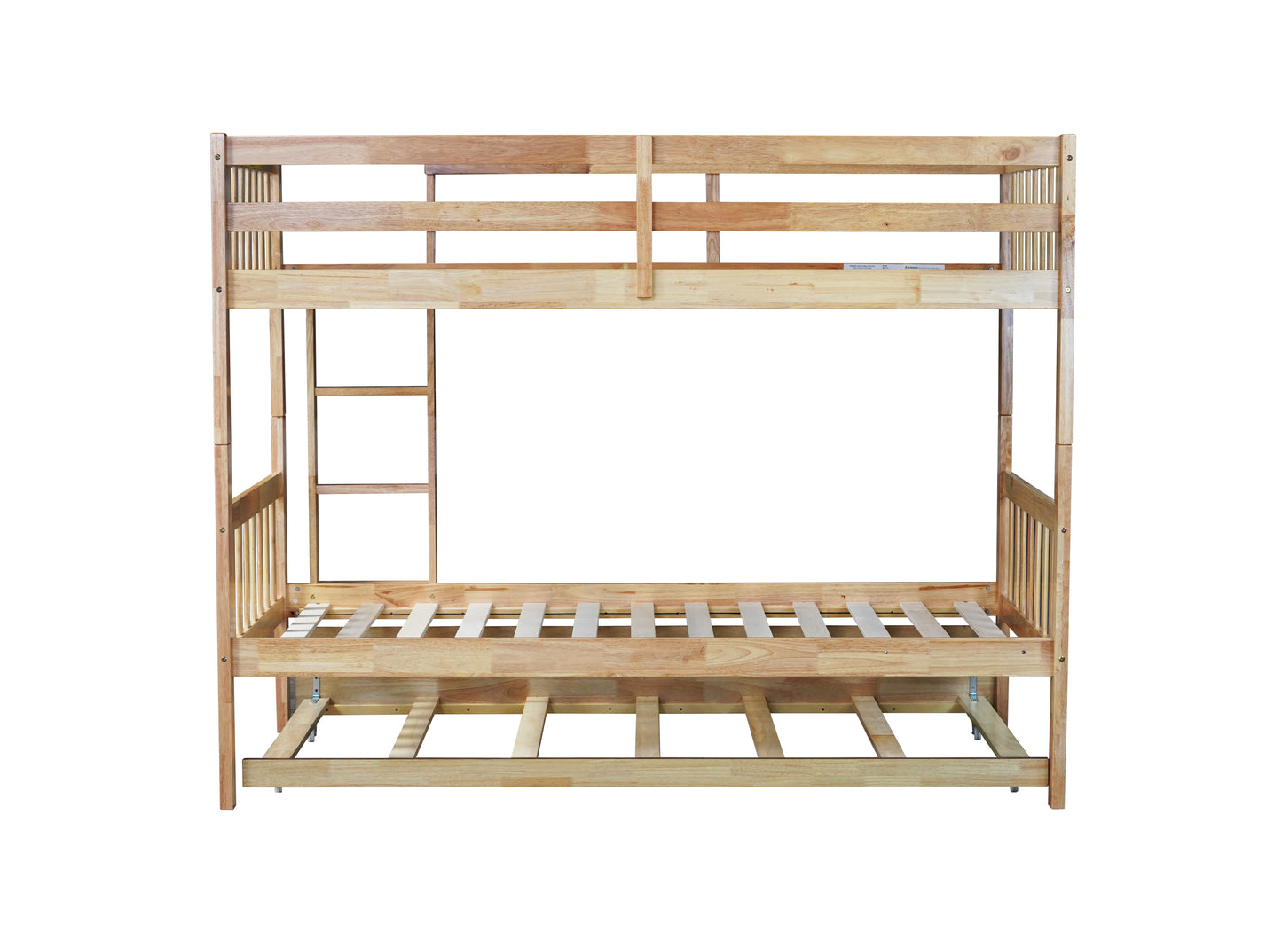 Natural wood bunk bed with pullout trundle for kids