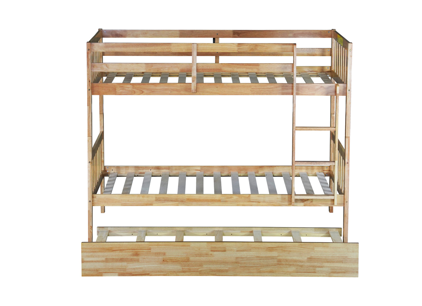 Natural wood triple bunk bed with ladder and trundle
