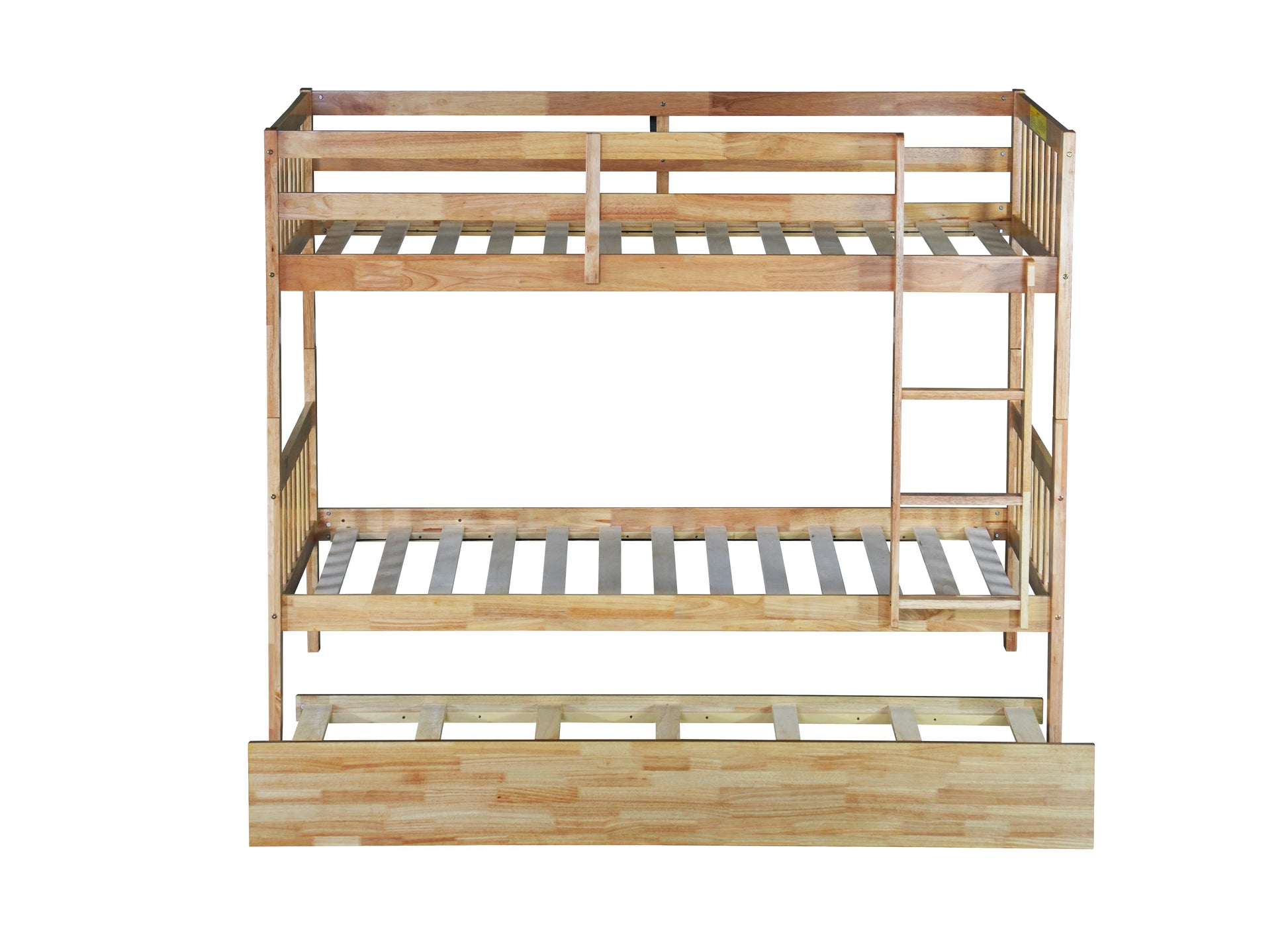 Natural wood triple bunk bed with ladder and trundle