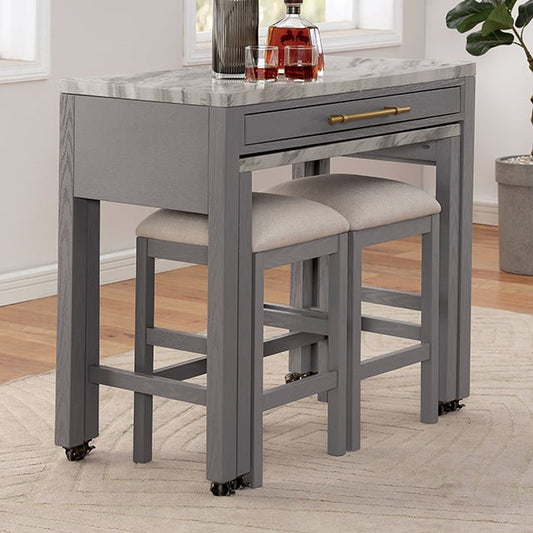 TREATLIFE HOME Light Gray Counter Height Dining Table with Faux Marble Top, Rustic Farmhouse Design, Space-Saving Slide-Out Extension