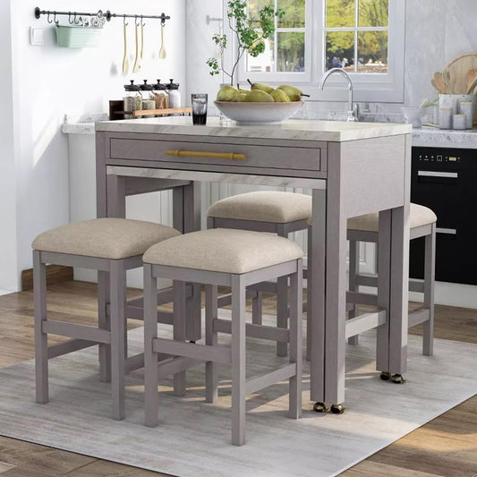TREATLIFE HOME Rustic 5-Piece Counter Height Dining Set with Storage Drawer and Faux Marble Top, Light Gray