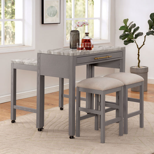 TREATLIFE HOME Rustic 3pc Counter Height Dining Set with Faux Marble Top and Storage Drawer, Light Gray Finish