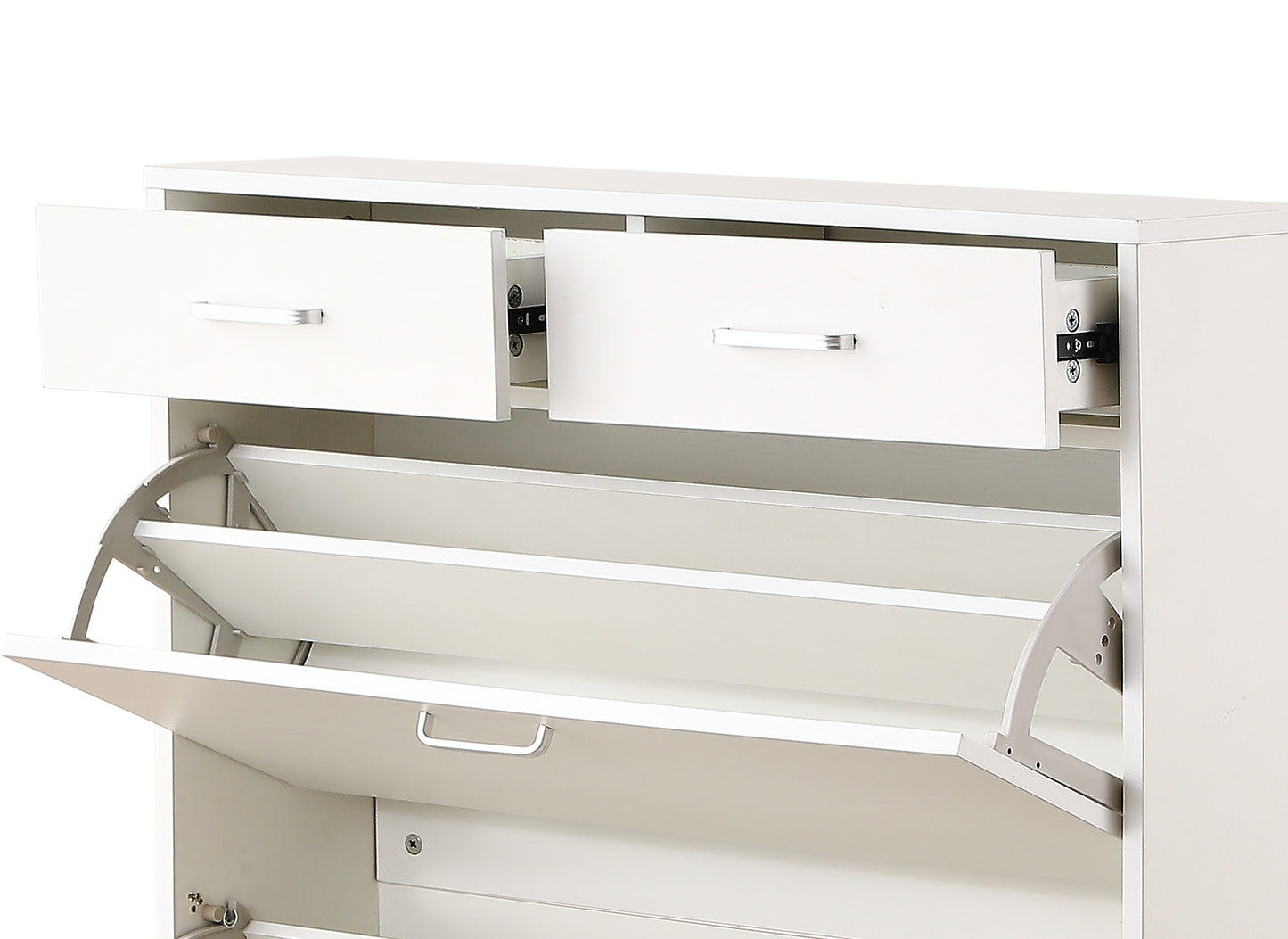White wooden shoe cabinet with two drawers and flipout shoe compartments