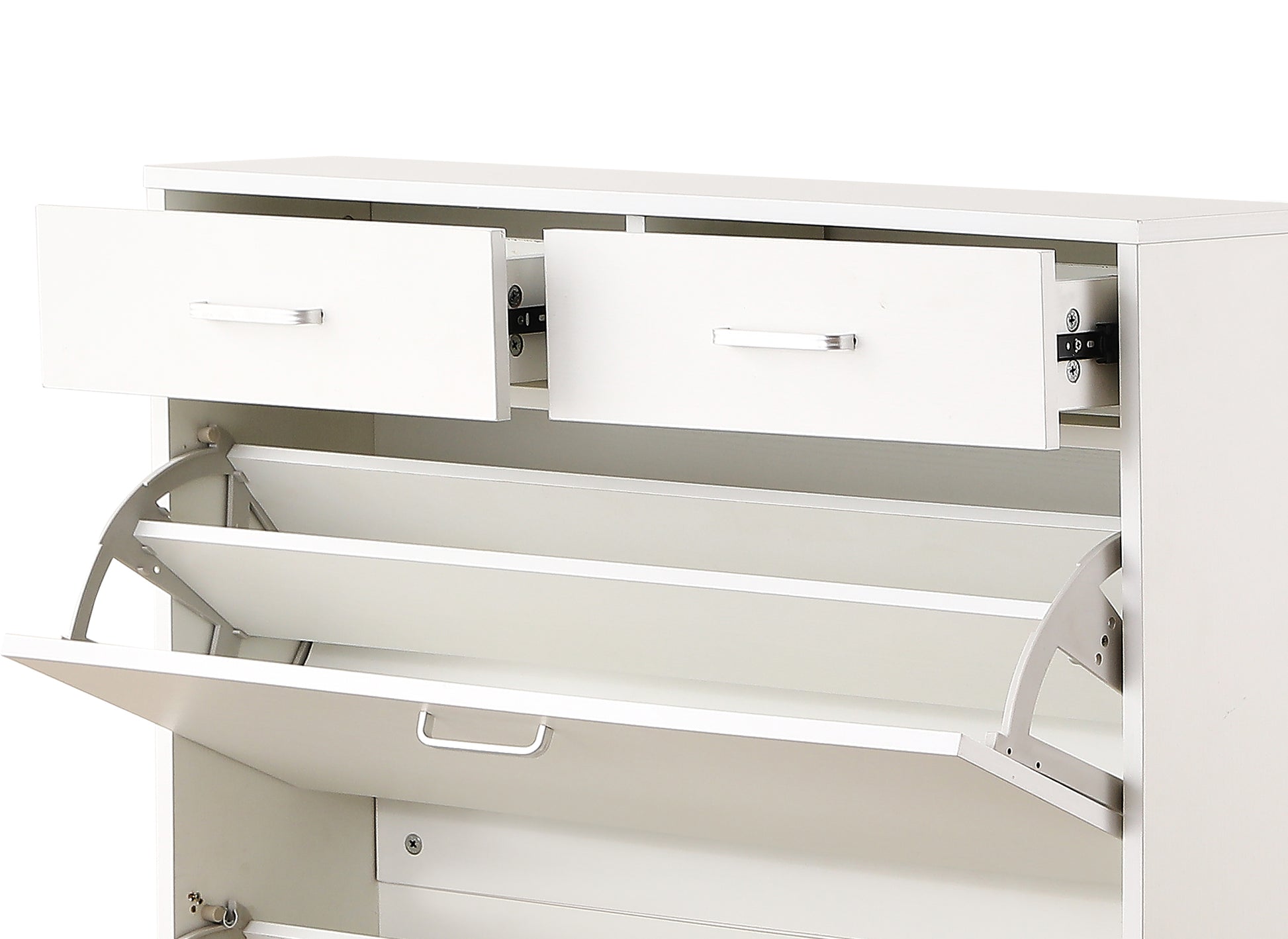 White wooden shoe cabinet with two drawers and flipout shoe compartments