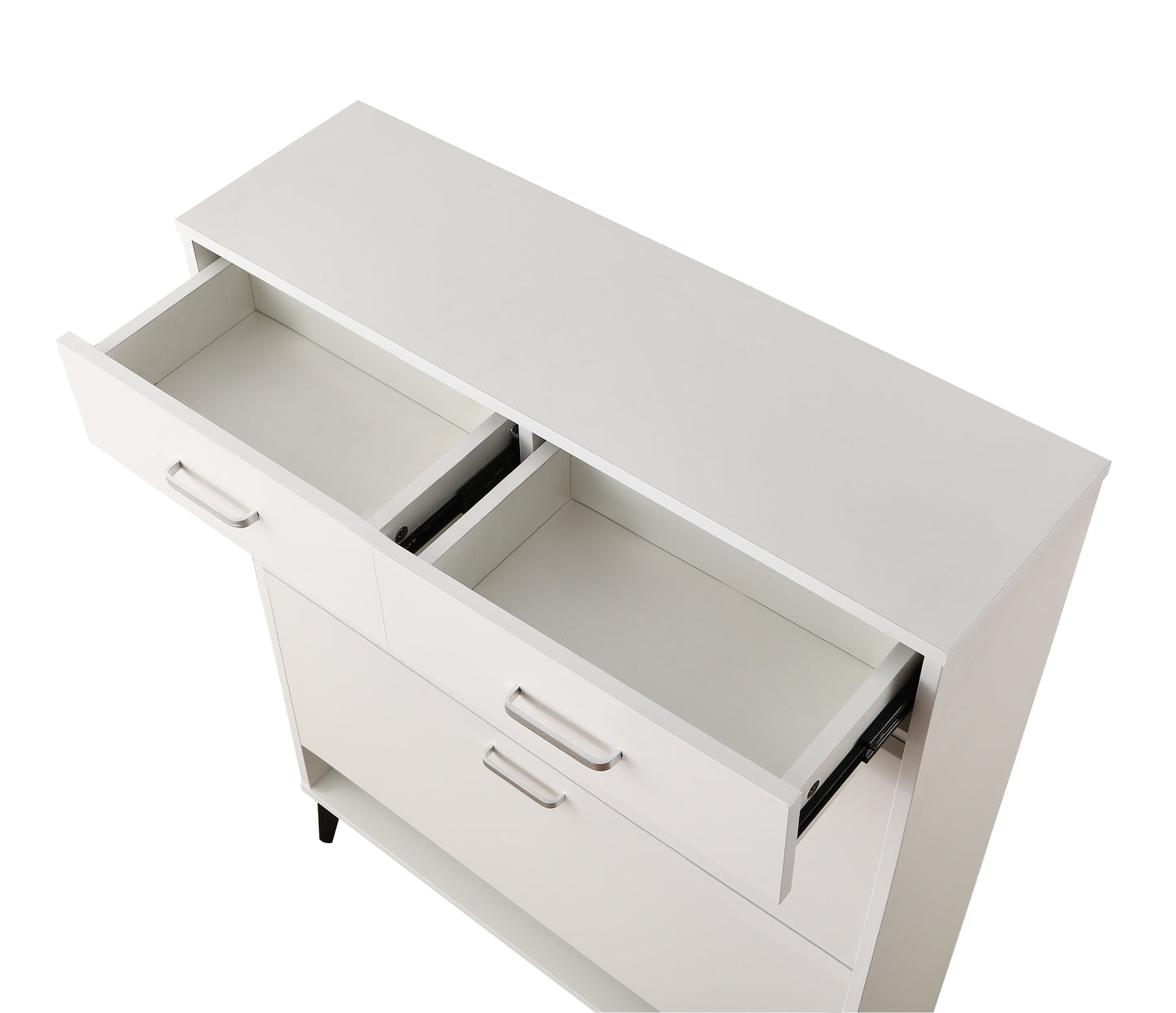 White modern dresser with two open drawers and silver pull handles