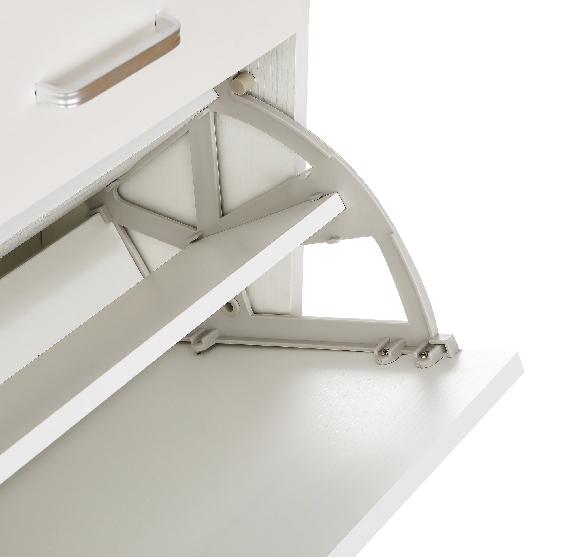 White shoe cabinet flap hinge mechanism detail