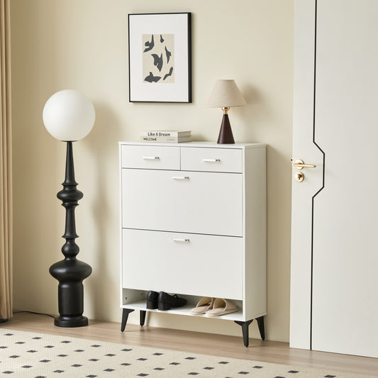 White multidrawer shoe cabinet with silver handles
