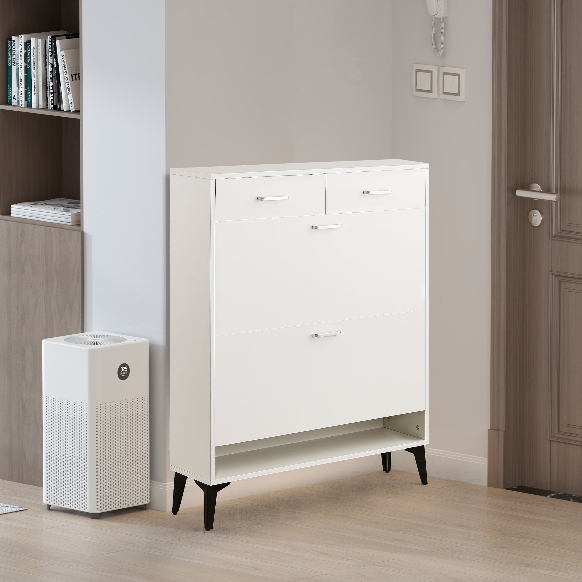 White shoe cabinet with two top drawers and three folding doors