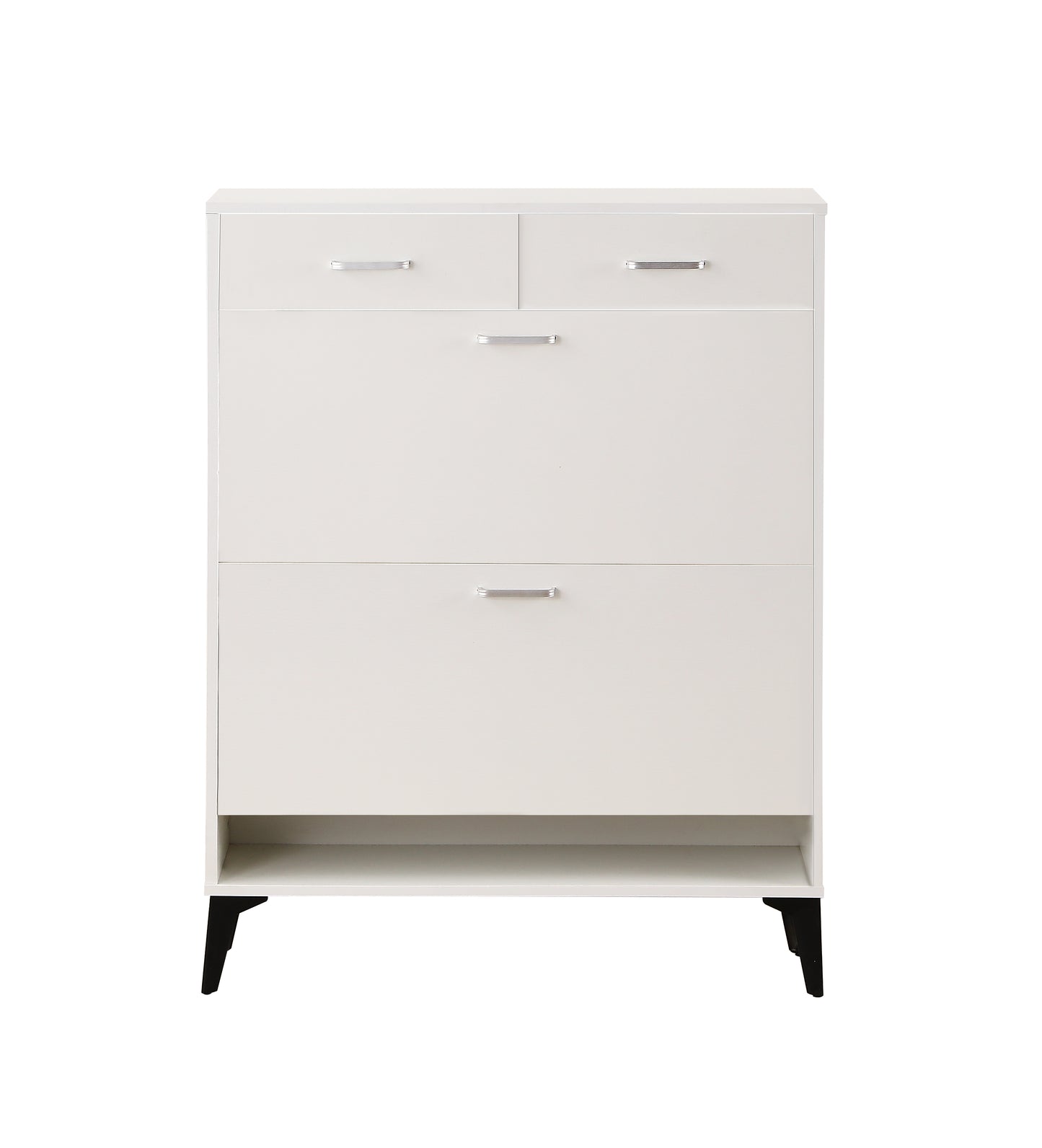 White shoe cabinet with two drawers and flipdown doors