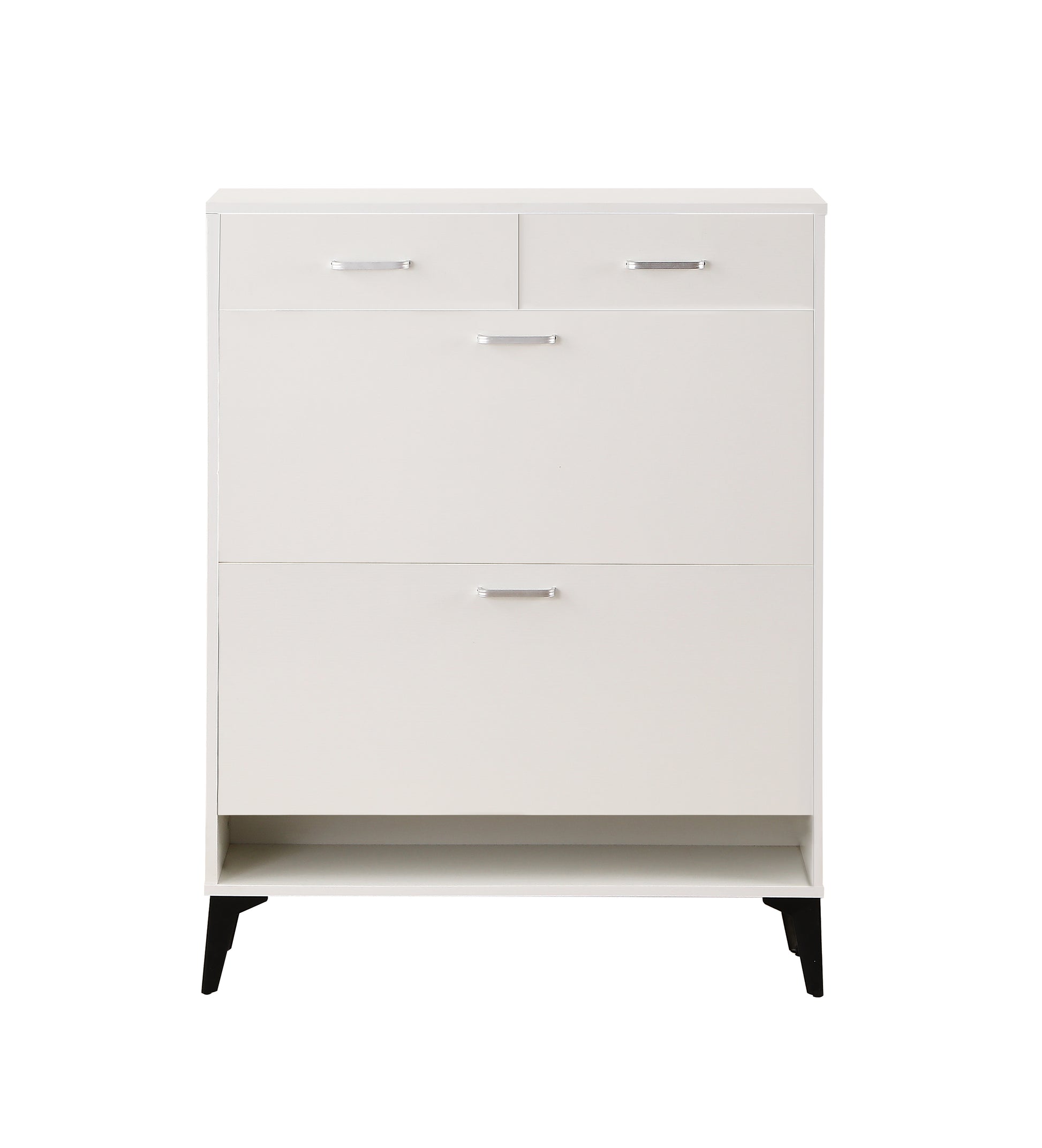White shoe cabinet with two drawers and flipdown doors