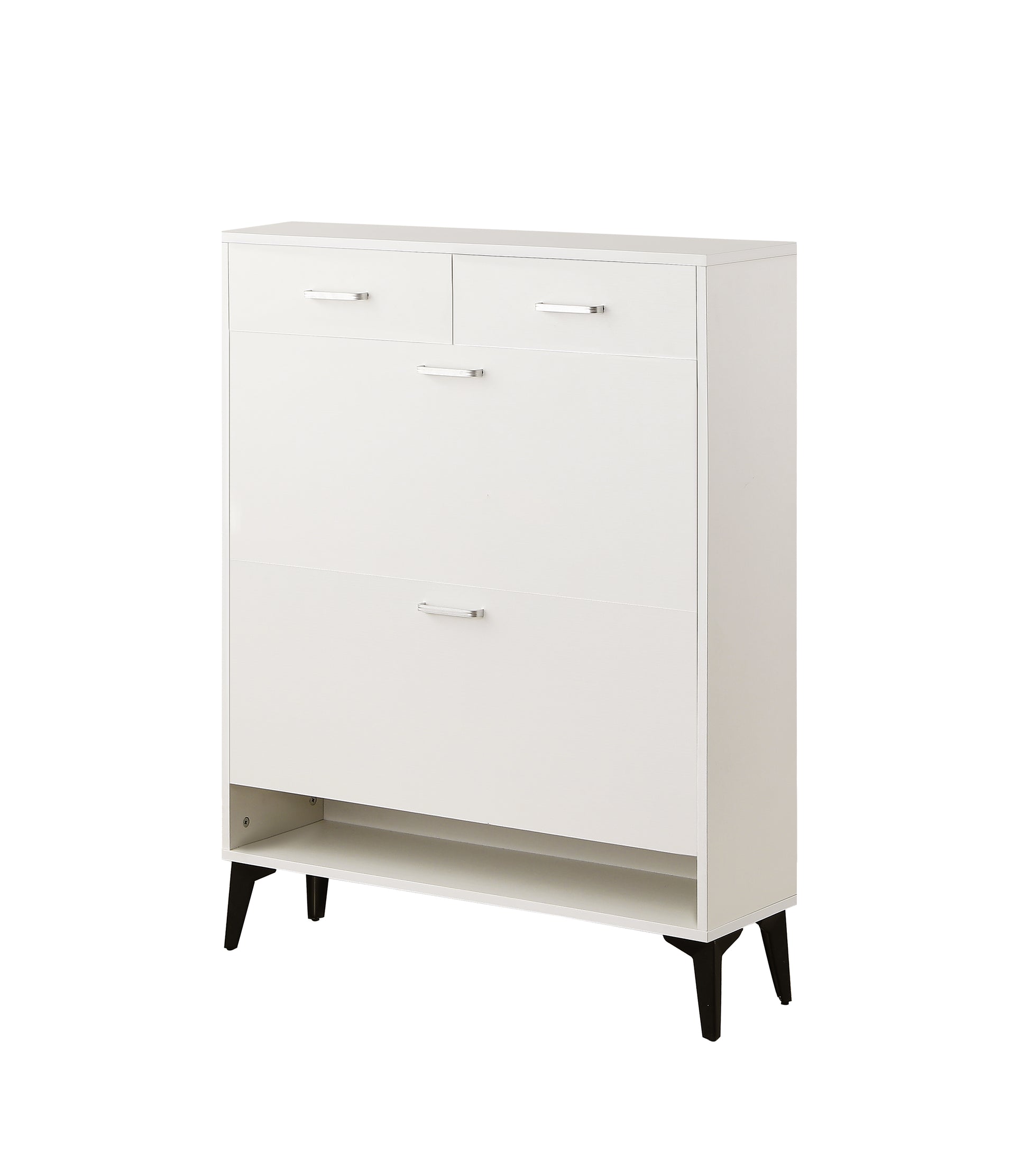 White shoe cabinet with two drawers and three flipdown doors