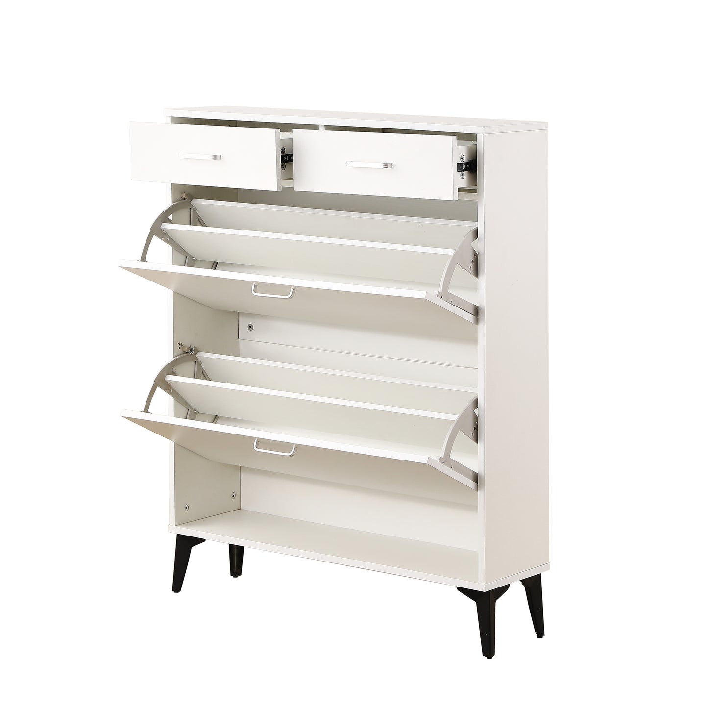 White modern shoe cabinet with two drawers and three flipout shoe compartments