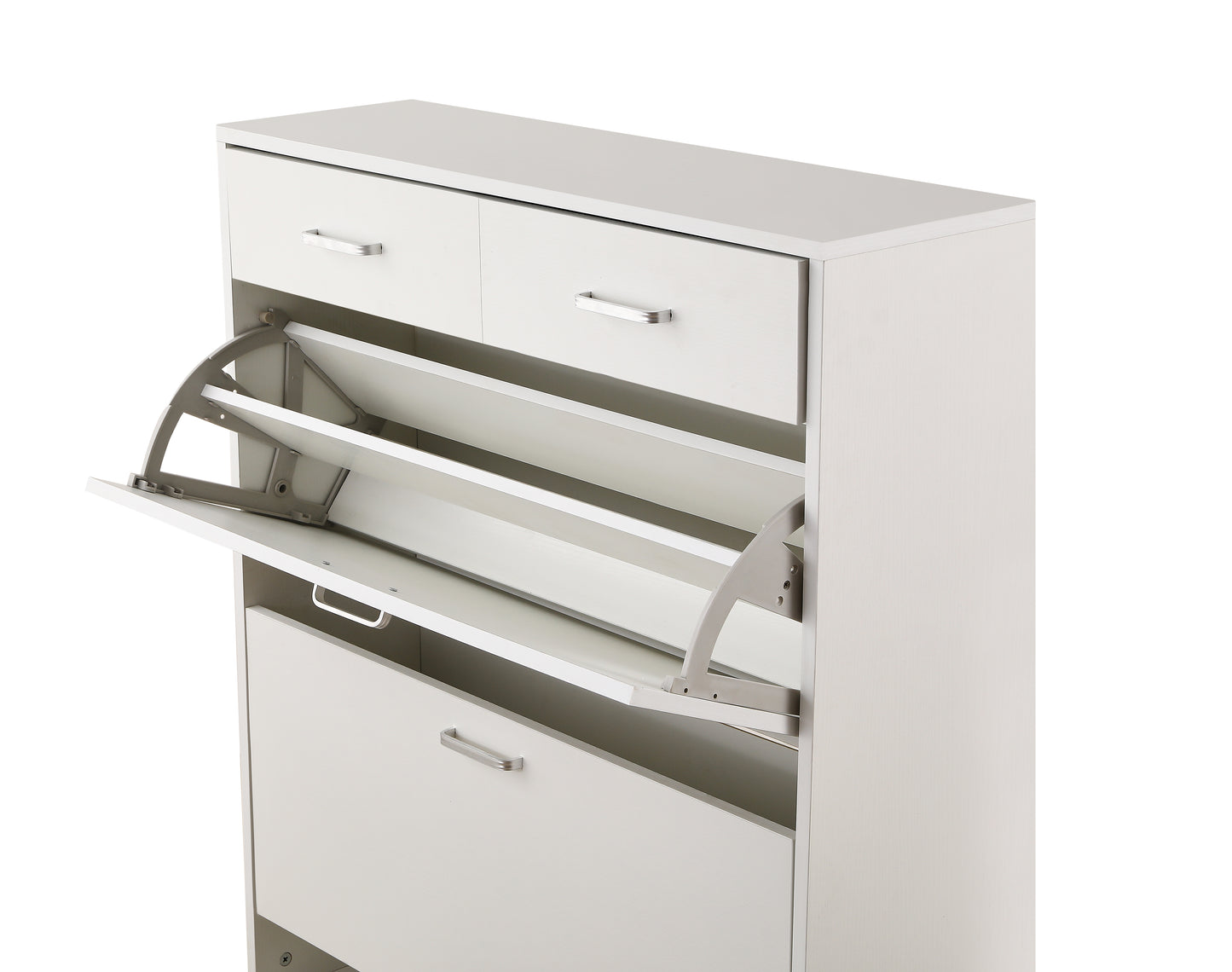 White wooden shoe cabinet with two drawers and three flipout shoe compartments