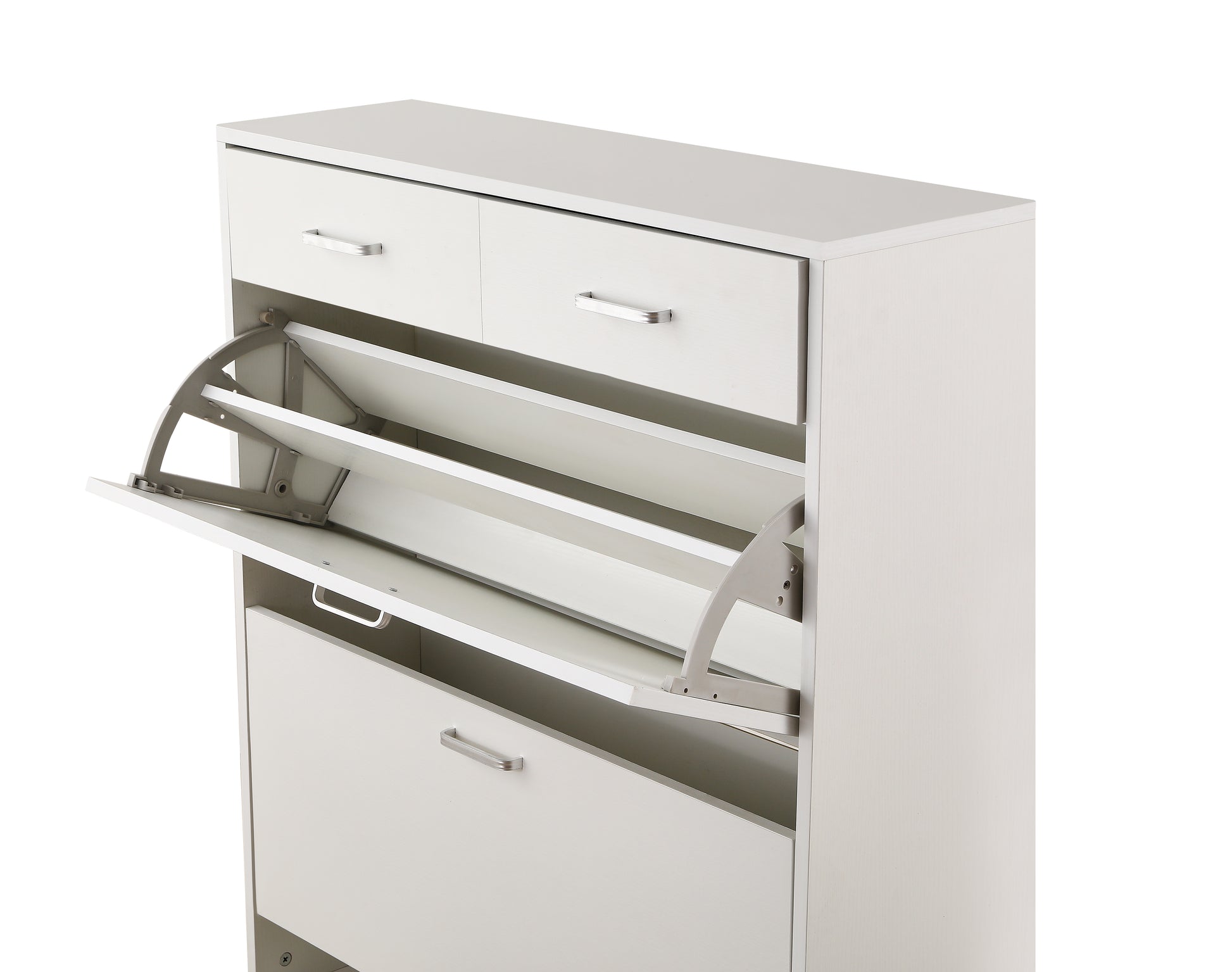 White wooden shoe cabinet with two drawers and three flipout shoe compartments