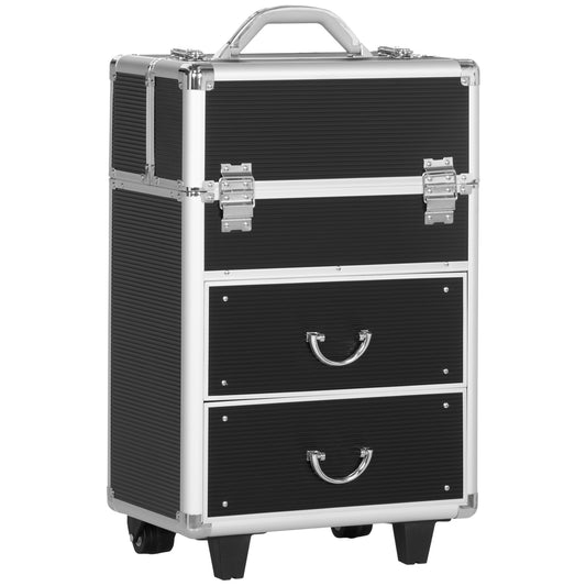 Black rolling makeup case with silver trim and chrome hardware