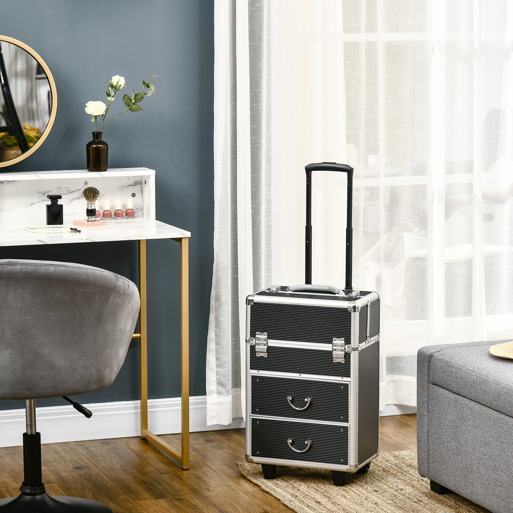 Black rolling makeup train case with silver trim and three drawers