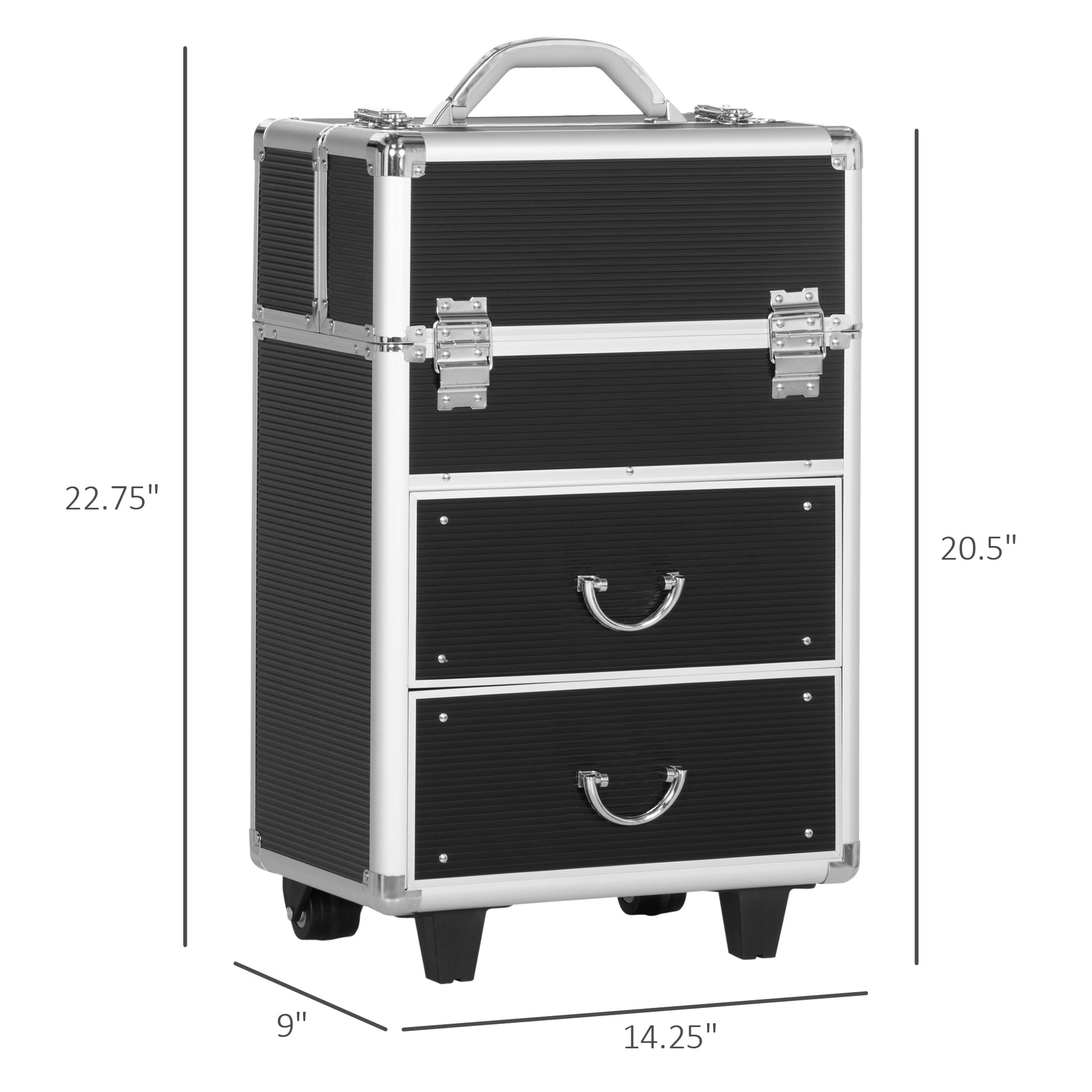 Black aluminum makeup case with silver trim and two drawers