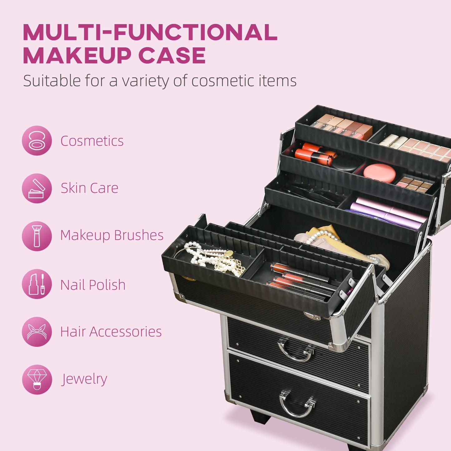 Black multifunctional makeup case with various cosmetic items and jewelry inside